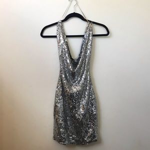 Silver Cowl Neck Body-con Minidress w Chain Detail